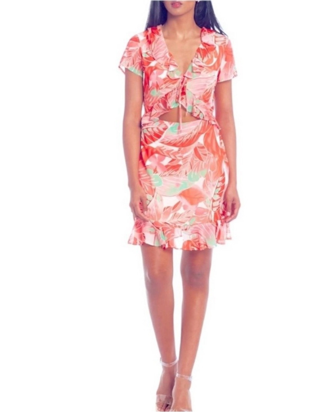 GB Gianni Bini Tropical Flounce Women’s Short Sleeve Tie Front Mini Dress Size M